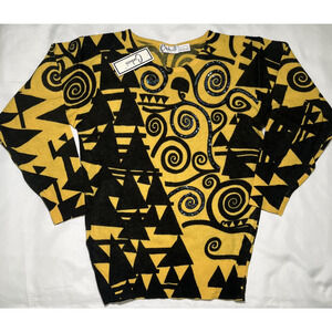 NEW w/ Tags Vtg Carducci Womens 100% Wool Sweater Black Yellow Sz M Sequins 80s